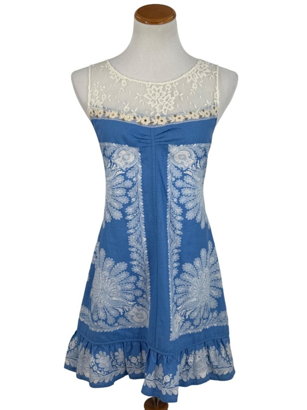 VTG Free People Crystallized Linen Crochet Lace Yoke Paisley Mini Shift Dress 10 - Picture 2 of 16